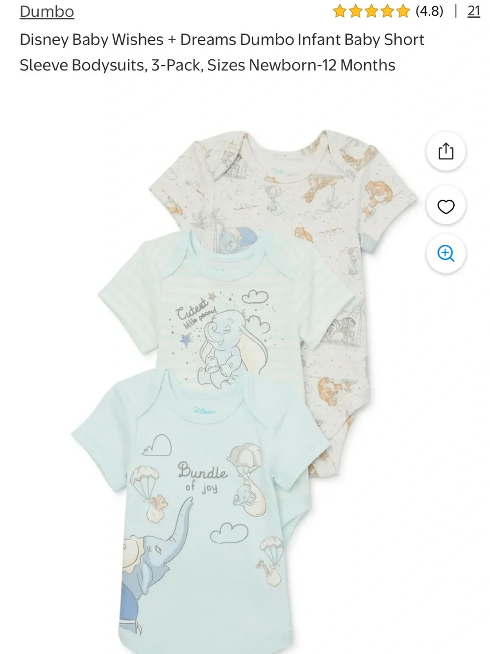 NWT Disney Baby Wishes Light Blue Dumbo 'Bundle of Joy' Bodysuit 3 Pack 12 M